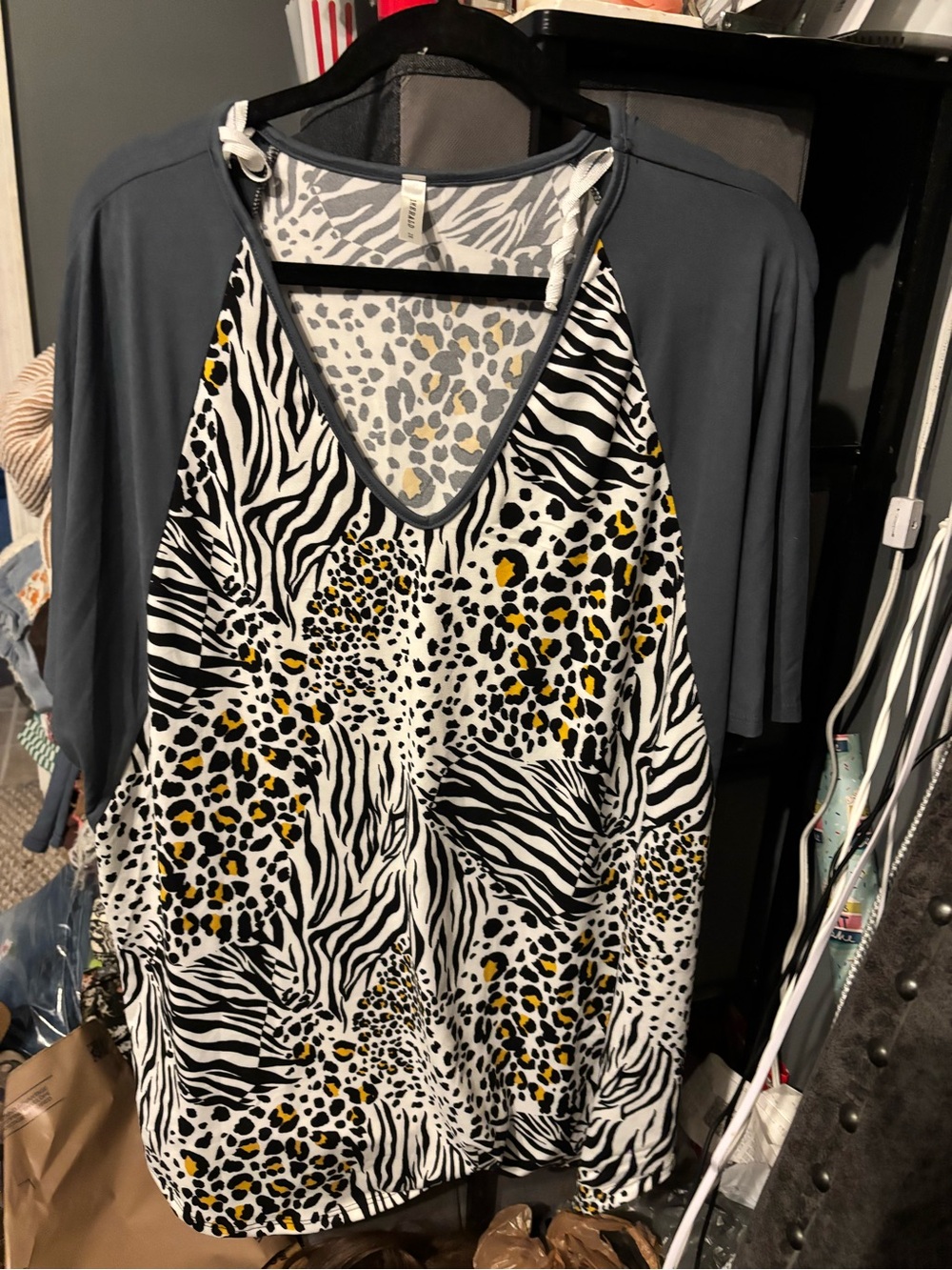 Emerald Mixed Animal Print V-Neck Top in White, Black & Yellow